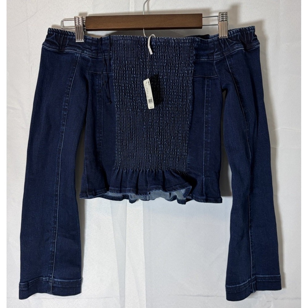 New Free People Up and Go Top Boho Western Off Shoulder Denim Crop Top XS